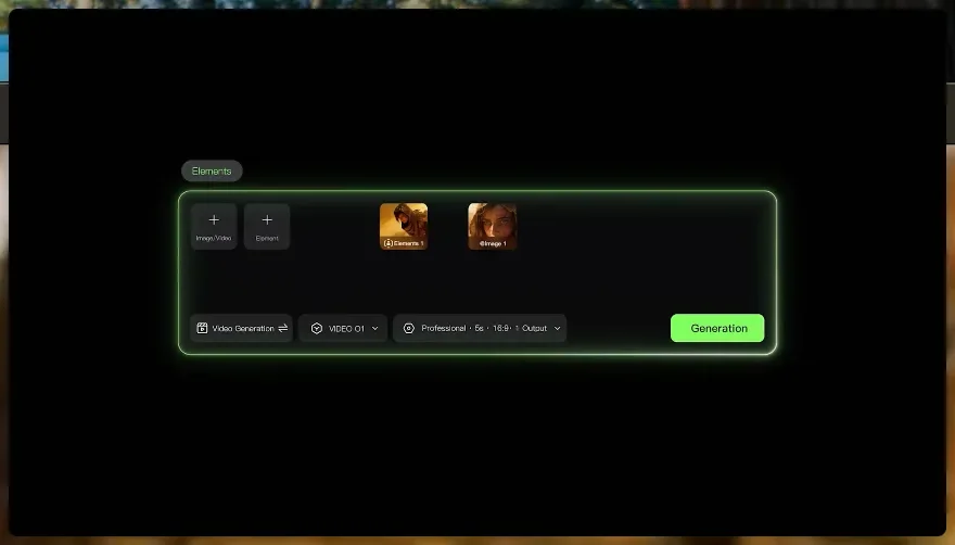 Интерфейс генерации видео Kling AI с двумя загруженными референсами персонажей.