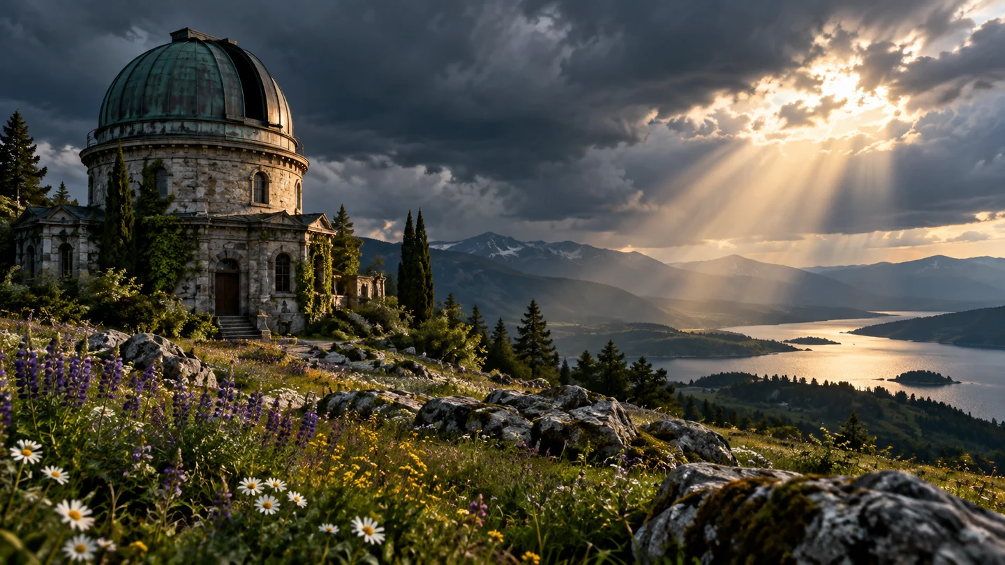 Старинная обсерватория окружена цветущим лугом.